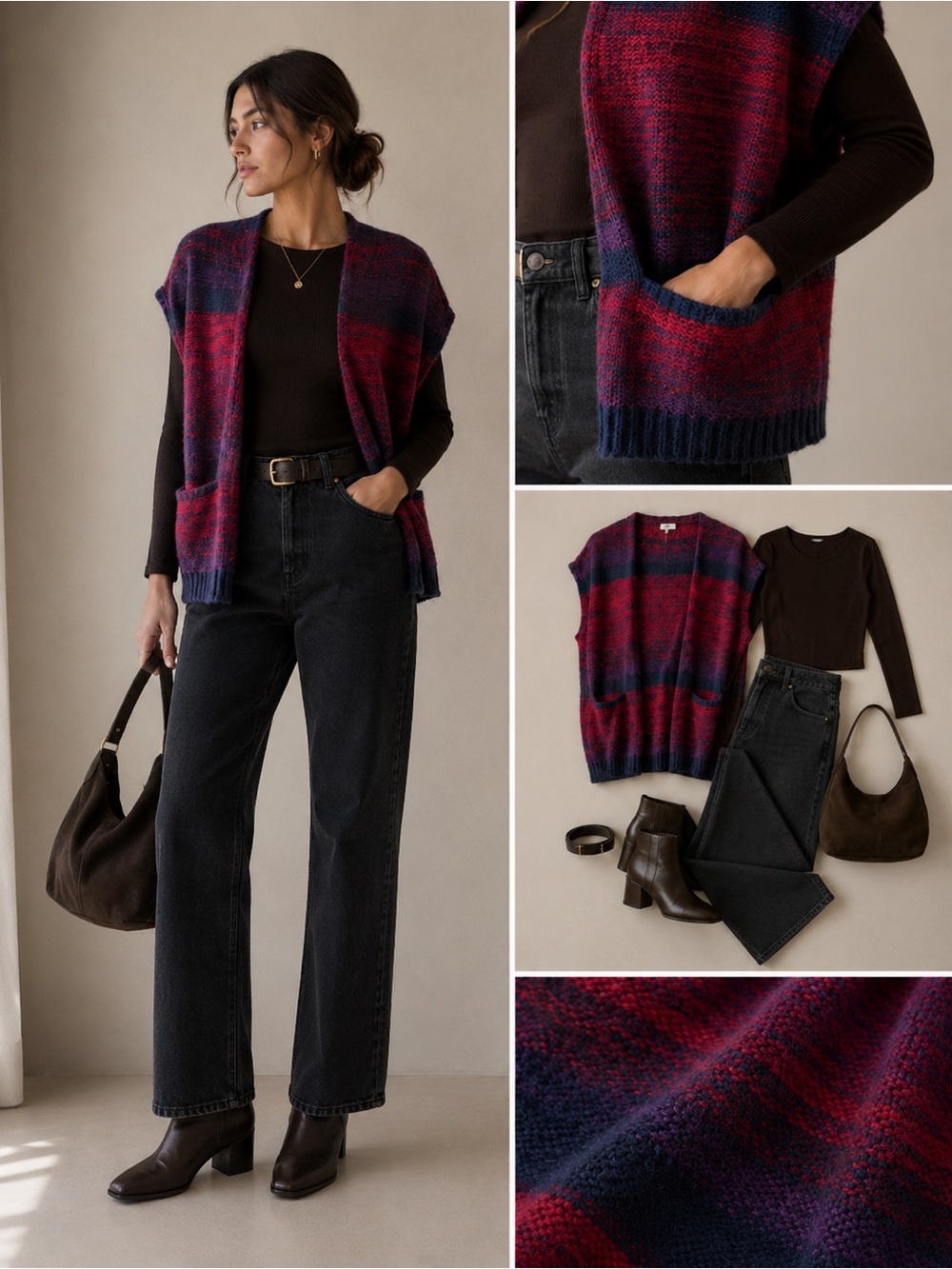 Moth Striped Open-Front Sleeveless Vest in Red and Navy